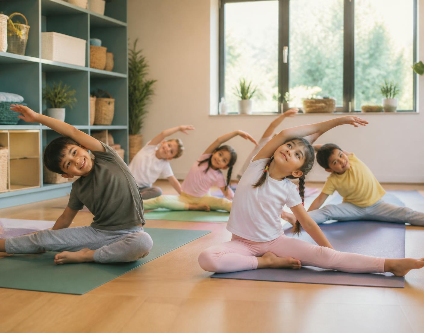 Young children stretching side to side on yoga mats in a bright hall