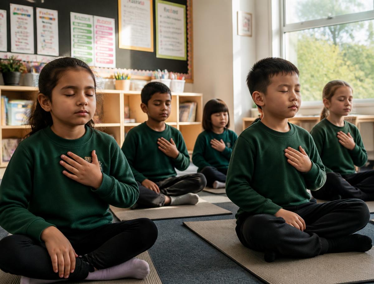 Primary school children sitting calmly with hands on hearts during a classroom breathing activity