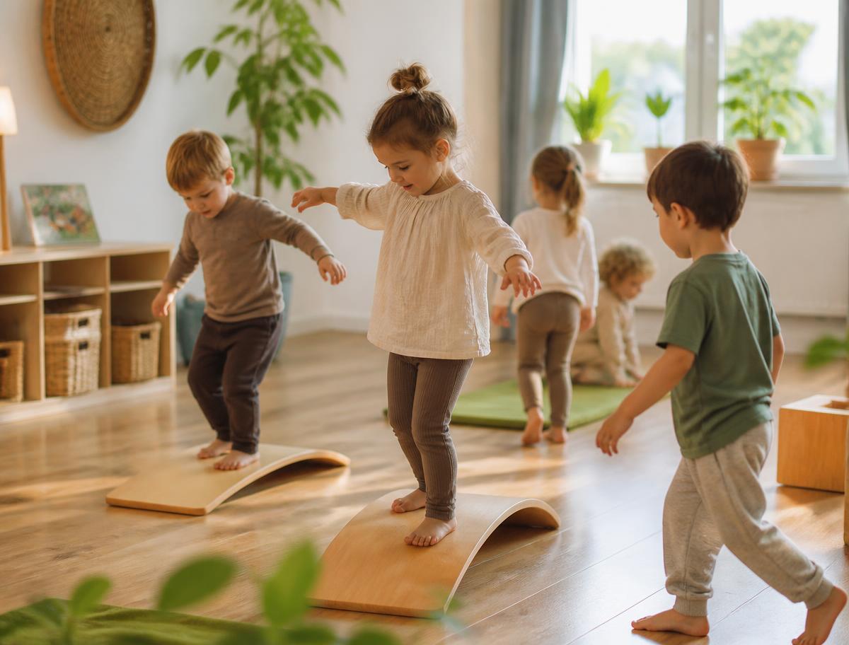 Nursery-age children balancing on wooden boards during a movement session